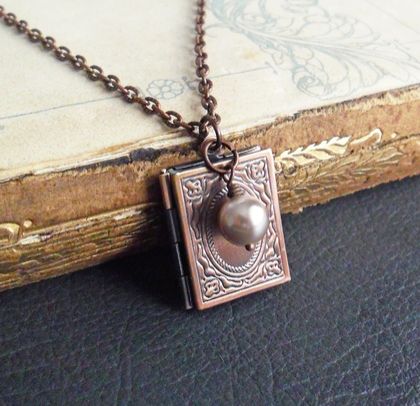 Elaine necklace: copper book locket with pearl 